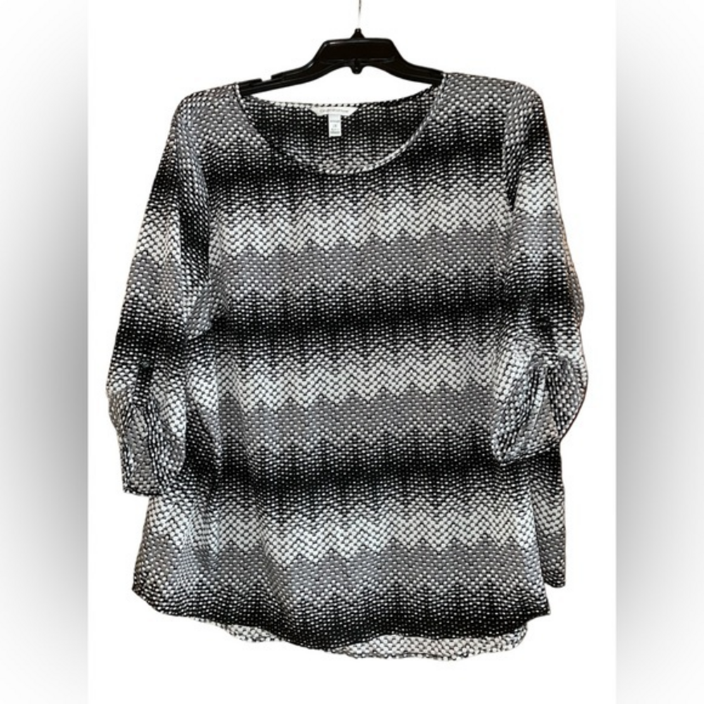 Croft & Barrow Blouse Size 2X Roll Tab 3/4 Sleeve Geometric ‎ Black White Gray